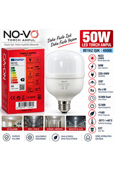 No-vo 50W LED Torch Ampul E27 6500K Beyaz Işık 4523 Lümen Yüksek Işık Gücü T50