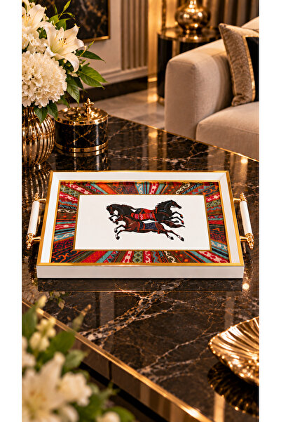 Leila Luxury Presentation Tray with Horse Figure - Gold-White Decorative Fram...