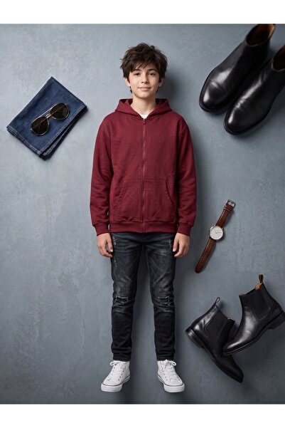 Deniva Kids Erkek Çocuk Bordo Fermuarlı Kapüşonlu Sweatshirt Rahat Kalıp Kang...