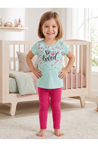 KİAGU Children's Set Character Printed Crew Neck Short Sleeve T-Shirt Leggings 2-Piece Set 2-6 Years Cotton Loved