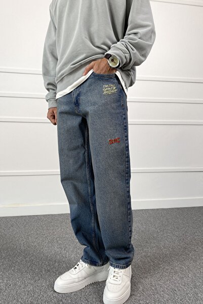 Alışveriş Sokağı Eskitme Nakışlı Yıkamalı Regular Kalıp Denim Jean Kot Pantolon