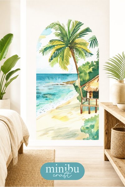 Minibu Craft Sea Landscape Palm Tree Bohemian Arch Boho Arch Modern Wall Stic...