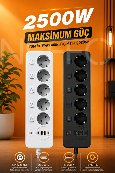 NEFFO 2500W Akıllı Şarj Prizi 5’li Çoklu Priz 2 USB-A + 2 USB-C 2 Metre Kablo Aşırı Akım Korumalı