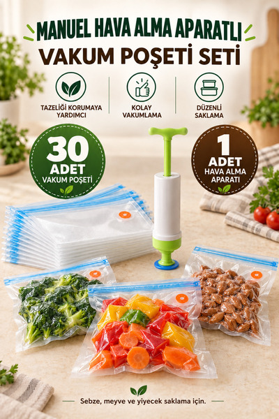 Anadolu Saray 30’lu Vakum Poşeti Seti Manuel Hava Alma Aparatıyla Gıda Saklam...