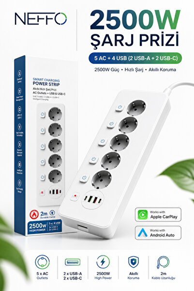 NEFFO 2500W Akıllı Şarj Prizi 5’li Çoklu Priz 2 USB-A + 2 USB-C 2 Metre Kablo Aşırı Akım Korumalı