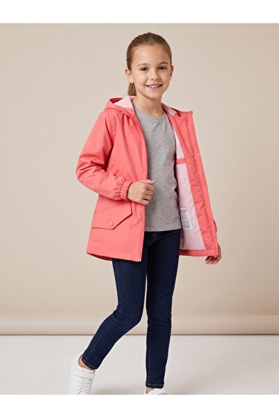 Deniva Kids Kız Çocuk Mercan Pembe Kapüşonlu Su İtici Çizgili Astarlı Fermuar...