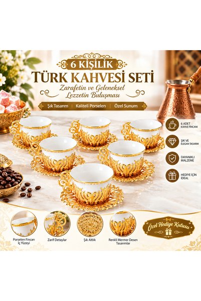 Genel Markalar Zarif Tasarım Gold Kahve Fincan Seti 6 Kişilik - Kulplu Porsel...