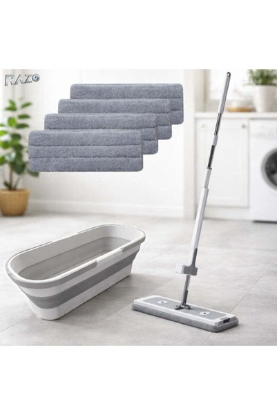 Razo MOP PLAT CU STORCĂTOR, GALEATĂ PLIABILĂ CU ROȚI, 4 LAVETE MICROFIBRĂ GRA...