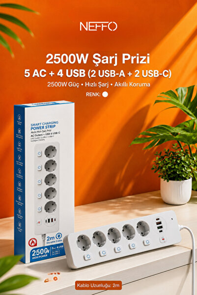 NEFFO 2500W Akıllı Şarj Prizi 5’li Çoklu Priz 2 USB-A + 2 USB-C 2 Metre Kablo Aşırı Akım Korumalı
