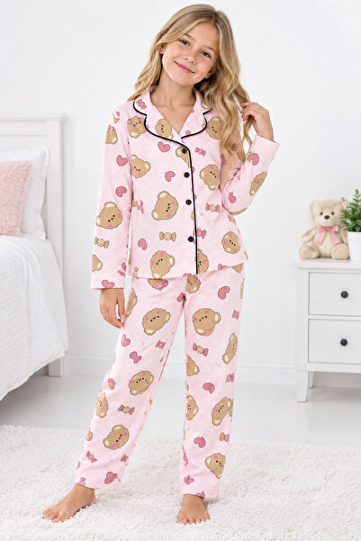 zahider Kız çocuk pamuklu düğmeli Pembe renk uzun kollu pijama takımı