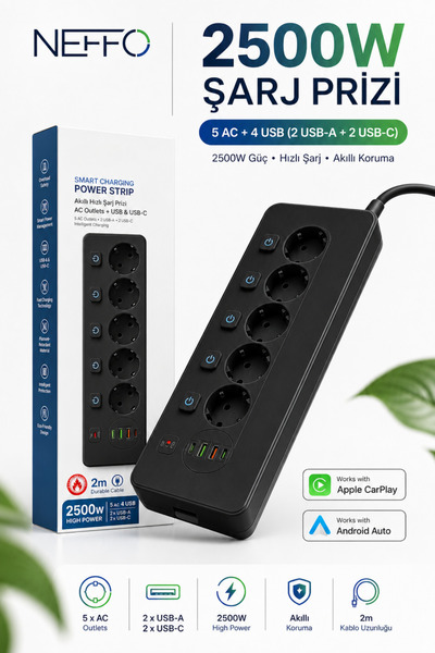 NEFFO 2500W Akıllı Şarj Prizi 5’li Çoklu Priz 2 USB-A + 2 USB-C 2 Metre Kablo Aşırı Akım Korumalı