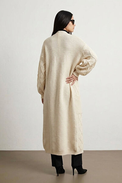 Şiir TULFU Yumuşak Dokulu Rahat Kalıp Düşük Uzun Kollu Cepli Jakarlı Triko Kadın Uzun Hırka & Ceket & Tesettür Hırka - Siyah