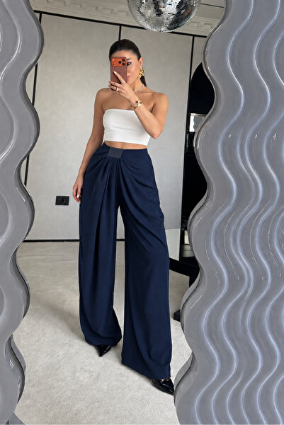 My Blog Navy Blue Pleated Draped Premium Trousers - 261061