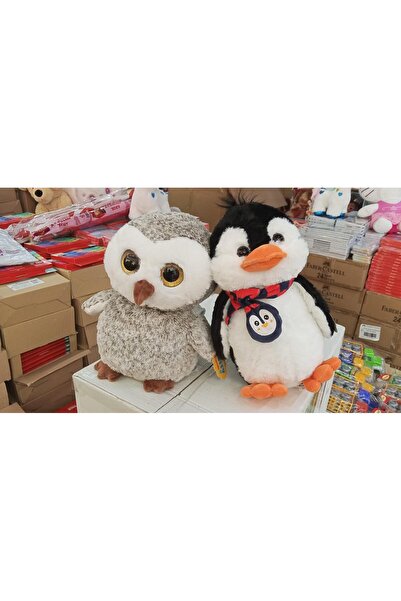Bengi Store Oyuncak Peluş Uyku Arkadaşlari İkili Set Parıltılı Gözlü Baykuş ve Atkılı Penguen Herbiri 30 cm