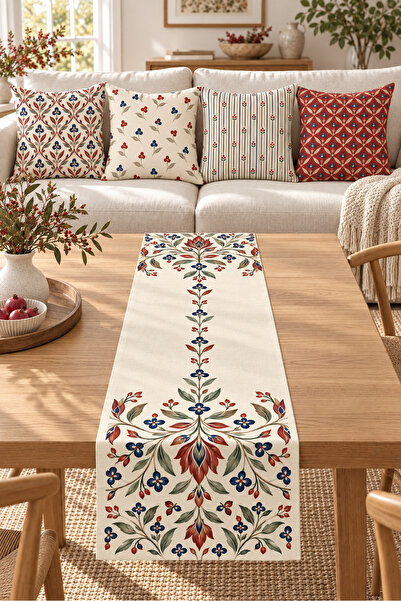 Evmila Tile Navy Blue Ethnic Floral Patterned 4 Pillow Covers 1 Runner 5 Piec...