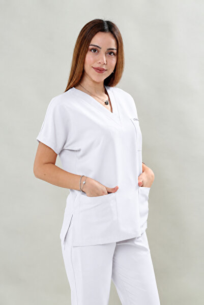Scrubssy Premium Comfort Kadın Beyaz Scrubs Cerrahi Takım