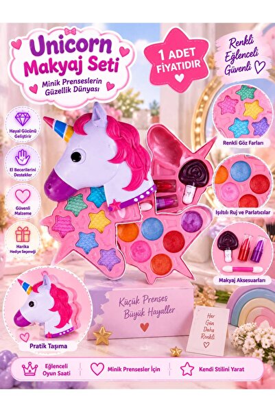BYCEGU Unicorn Makyaj Seti Sürülebilir Ruj ve Ojeler Renkli Far Paletli Çocuk Güzellik Oyun Seti