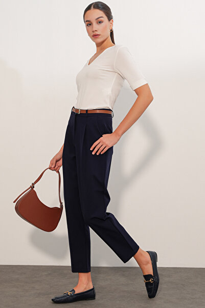 Bigdart Women's Belted Fabric Trousers 30136 - Navy Blue