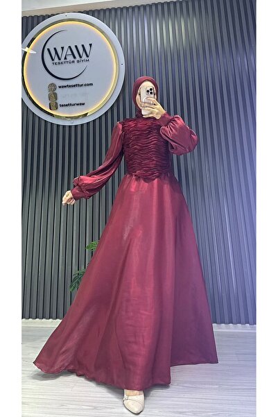 waw tesettür Kadın Saten Abiye Elbise Pudra Büzgü Detaylı Balon Kollu
