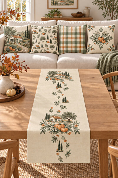Evmila Green Beige Forest House Pumpkin Patterned 4 Throw Pillow Covers 1 Run...