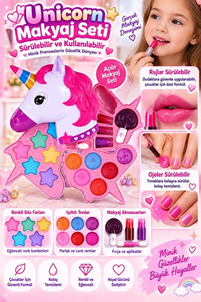 BYCEGU Unicorn Makyaj Seti Sürülebilir Ruj ve Ojeler Renkli Far Paletli Çocuk...