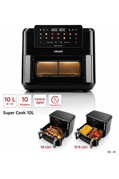 HAEGER Friteuză dublă cu aer cald SUPER COOK, 2600W, Capacitate 10L, compartimente detașabile 2x5L, 10 programe, ecran tactil, tăvi detașabile lavabile, gătit fără ulei cu aer cald 360°, Negru