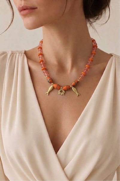 Hello Neo Jewelry Turuncu Afrika Boncuklu Altın Kaplama Fil Ve Balık Şans Kol...