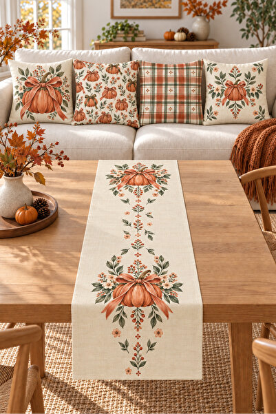 Evmila Orange Green Plaid Pumpkin Patterned 4 Throw Pillow Covers 1 Runner 5 ...