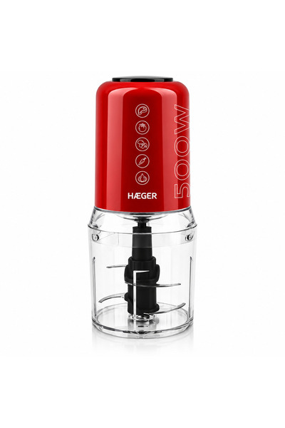 HAEGER Tocător electric CHOP MASTER, Putere 500 W, Vas 500 ml, 4 lame din oțel inoxidabil, 2 viteze, Pornire cu buton, Roșu