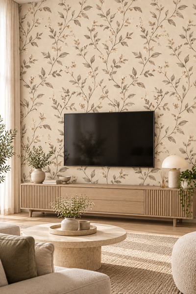 WALLORA Voriwall Krem Bej Çiçekli Botanik Dal Desenli Tekstil Duvar Kağıdı Sa...