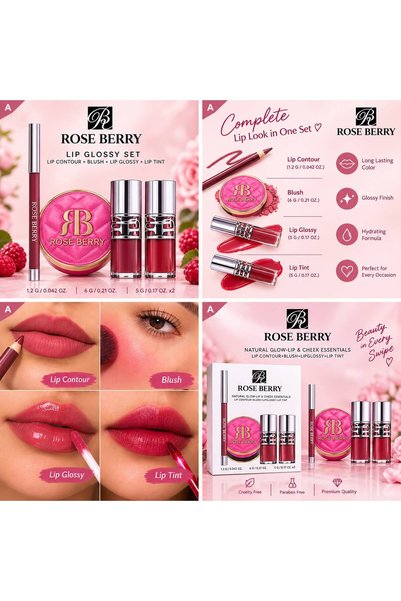 ROSE BERRYY Natural Glow Lip & Cheek Essentials – Lip Contour, Blush, Lip Glo...