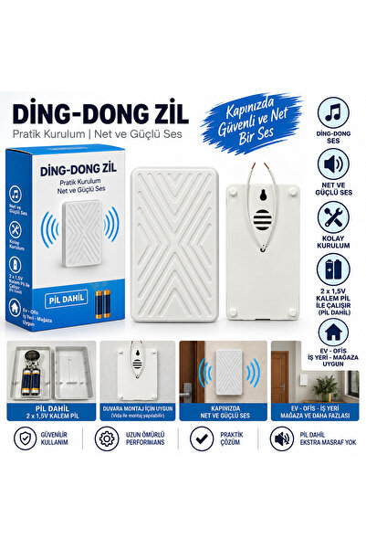 Genel Markalar Ding Dong Kapı Zili Pilli Kablolu Zil 2 Adet 1,5V Kalem Pil Da...