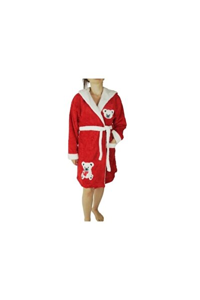 odjas Halat baie, dama cu ursulet, buzunar, cocolino, gluga, rosu 2XL