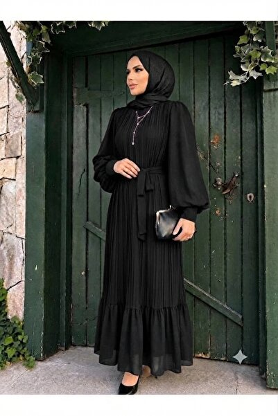 Neli Fashion Piliseli Şifon Tesettür Elbise