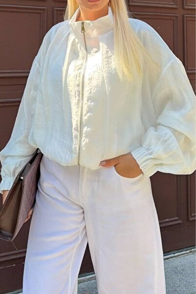 Suziş Ecru or White, Zippered Tulle Bomber Jacket Per9804