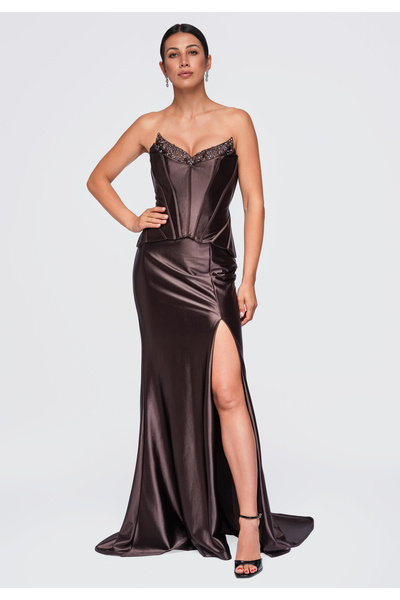 Larica Damen-Abendkleid, Maxi-Schnitt mit Korsett-Oberteil LA-OM-DLR502 Braun