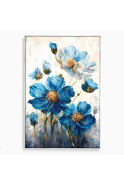 Luxcanva Tablou Canvas Albastre Flori 40x60 cm cu Rama Argintiu Culori Living...