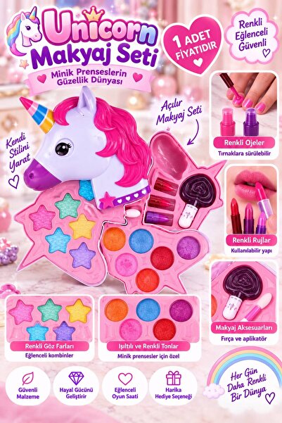BYCEGU Unicorn Makyaj Seti Sürülebilir Ruj ve Ojeler Renkli Far Paletli Çocuk Güzellik Oyun Seti