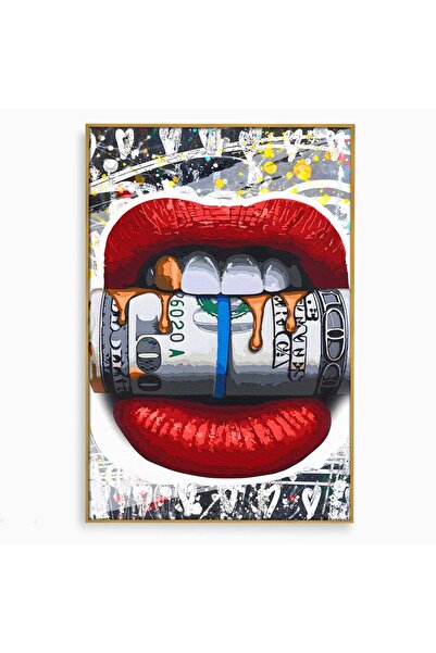 Luxcanva Tablou Canvas Dollar Lips 70x100 cm cu Rama Auriu Living Bani Financiar