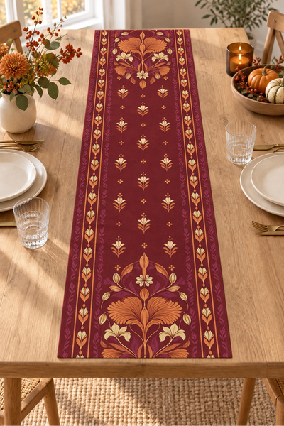 Evmila Burgundy Mustard Ethnic Floral Patterned 4 Throw Pillow Covers 1 Runner 5 Piece Set