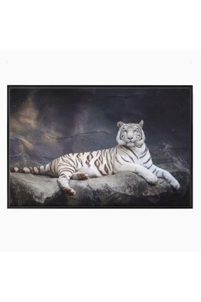 Luxcanva Tablou Canvas White Tiger 100x70 cm cu Rama Negru Living Animal Salb...