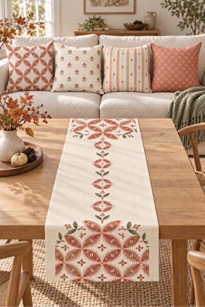 Evmila Powder Tile Geometric Floral Pattern 4 Pillow Covers 1 Runner 5 Piece Set
