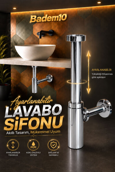 Badem10 Lavabo Sifonu Gümüş Krom Koku Önleyici Gider Sifonu Modern Tasarım La...