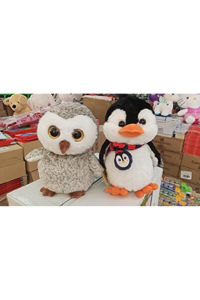 Bengi Store Oyuncak Peluş Uyku Arkadaşlari İkili Set Parıltılı Gözlü Baykuş ve Atkılı Penguen Herbiri 30 cm