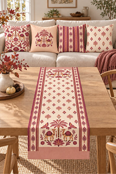Evmila Powder Burgundy Ethnic Floral Patterned 4 Pillow Covers 1 Runner 5 Pie...