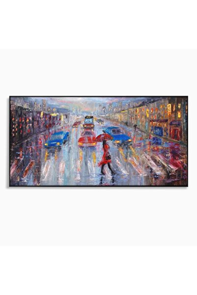 Luxcanva Tablou Canvas Oras In Ploaie 140x70 cm cu Rama Negru Oameni Masini U...