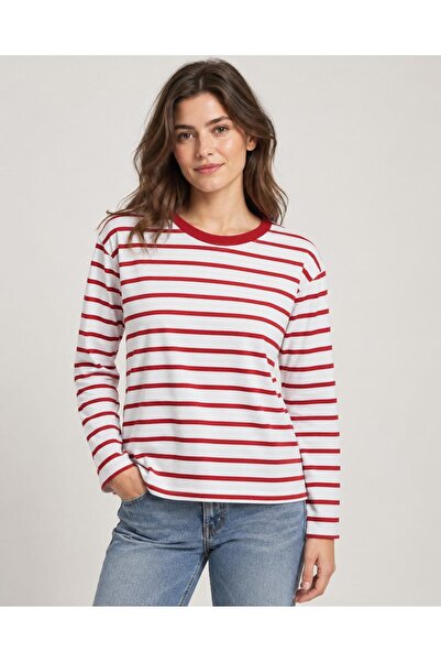 TENA Women's White-Red Striped Crew Neck Striped Combed Cotton Blouse