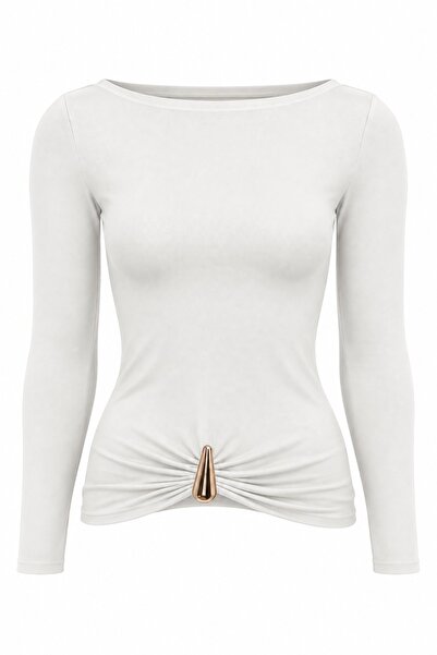 EVOA Women's Stylish Buckle Detailed Boat Neck Blouse