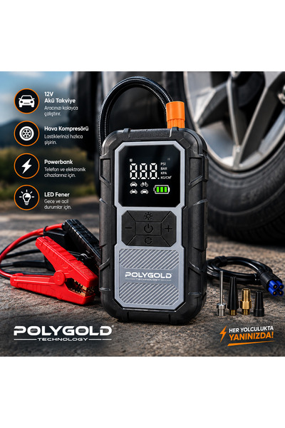 1200A Akü Takviye Cihazı 150 PSI Hava Kompresörlü Powerbank LED Fener 4’ü 1 Arada