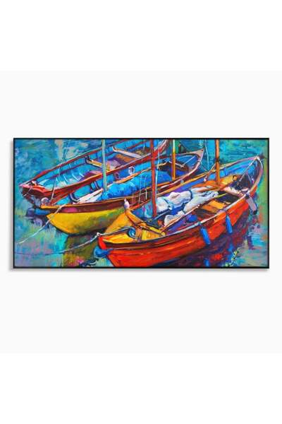 Luxcanva Tablou Canvas 3 Barci 100x50 cm cu Rama Negru Decorativ Living Mare